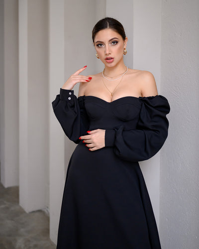 Black PUFF-SLEEVE MIDI DRESS (ARTICLE 401)