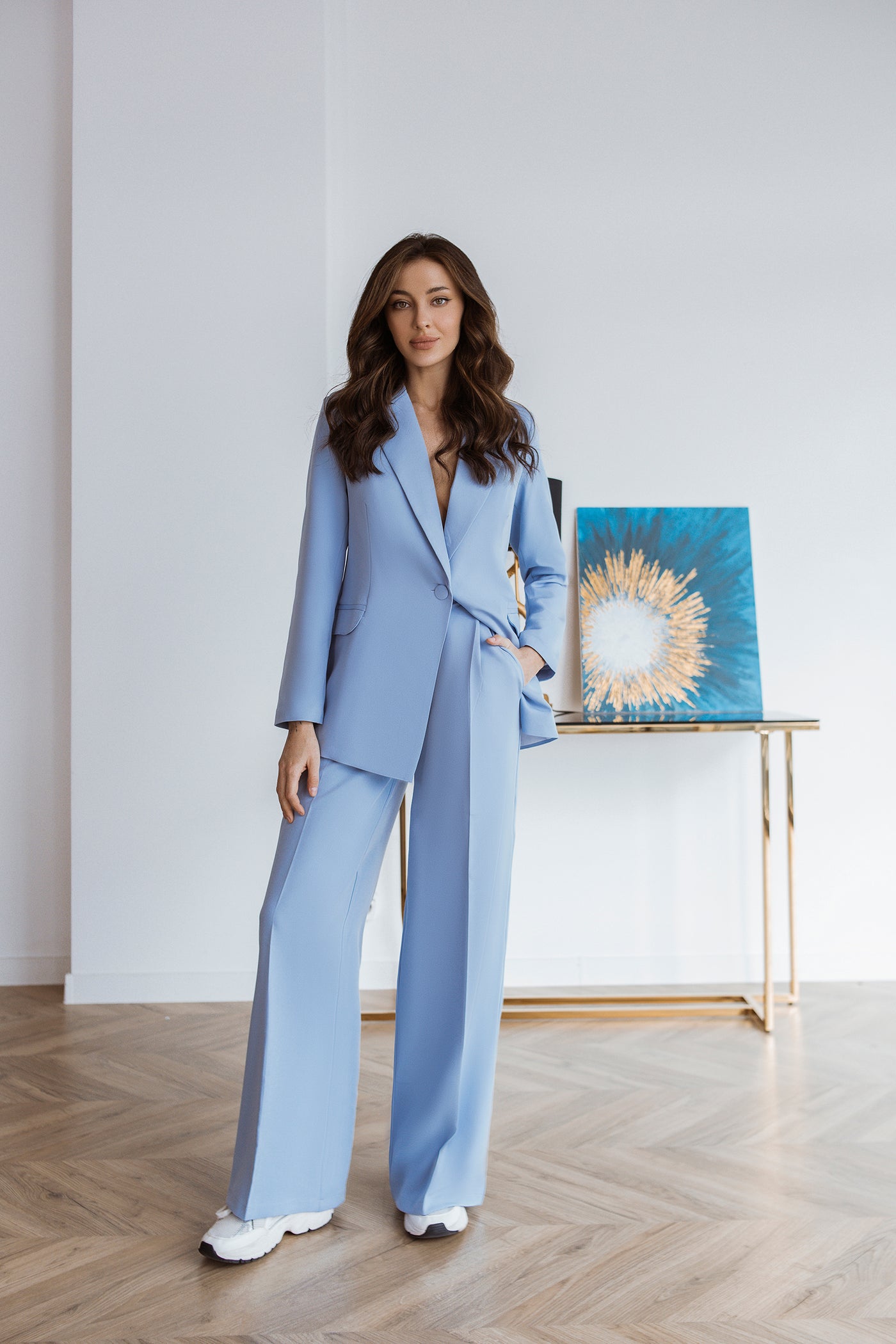 Sky-blue SINGLE-BREASTED WIDE-LEG SUIT 2-PIECE (ARTICLE C347)