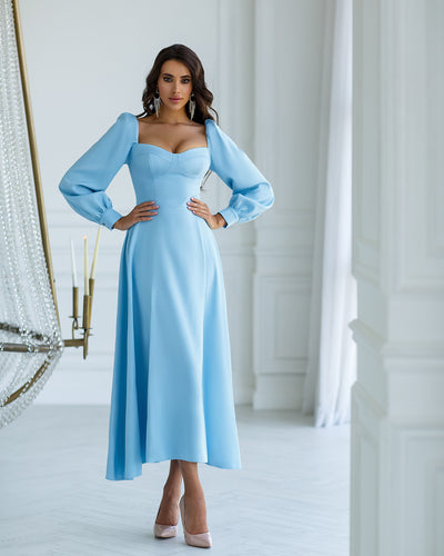 Sky blue Puff-Sleeve Midi Dress (Article 401)