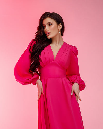 Crimson V-Neck Puff-Sleeve Midi Dress (article 352)