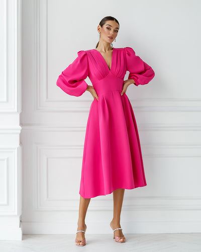 Crimson V-Neck Puff-Sleeve Midi Dress (article 352)