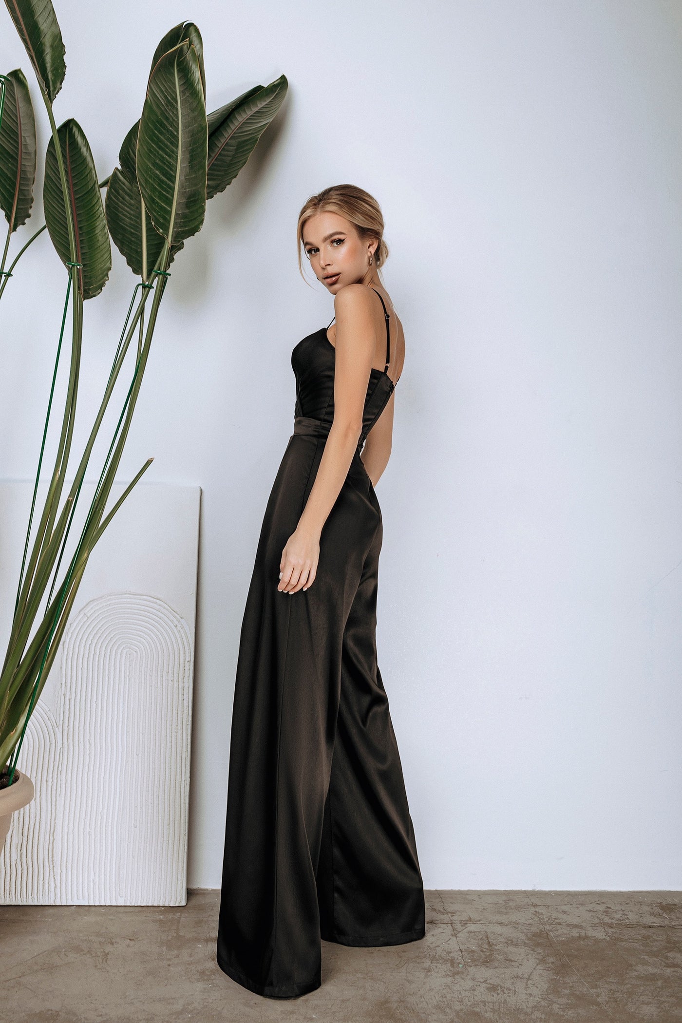 Black Satin Wide-Leg Jumpsuit (article C314)