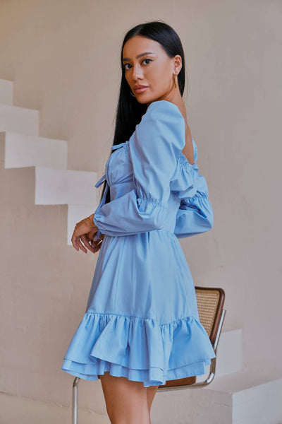 Sky blue BUTTONED PUFF-SLEEVE MINI DRESS (ARTICLE 339)