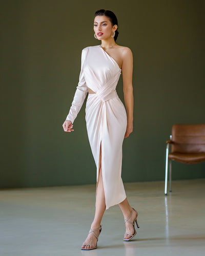 White Satin One-Shoulder Cut-Out Midi Dress (article 341)