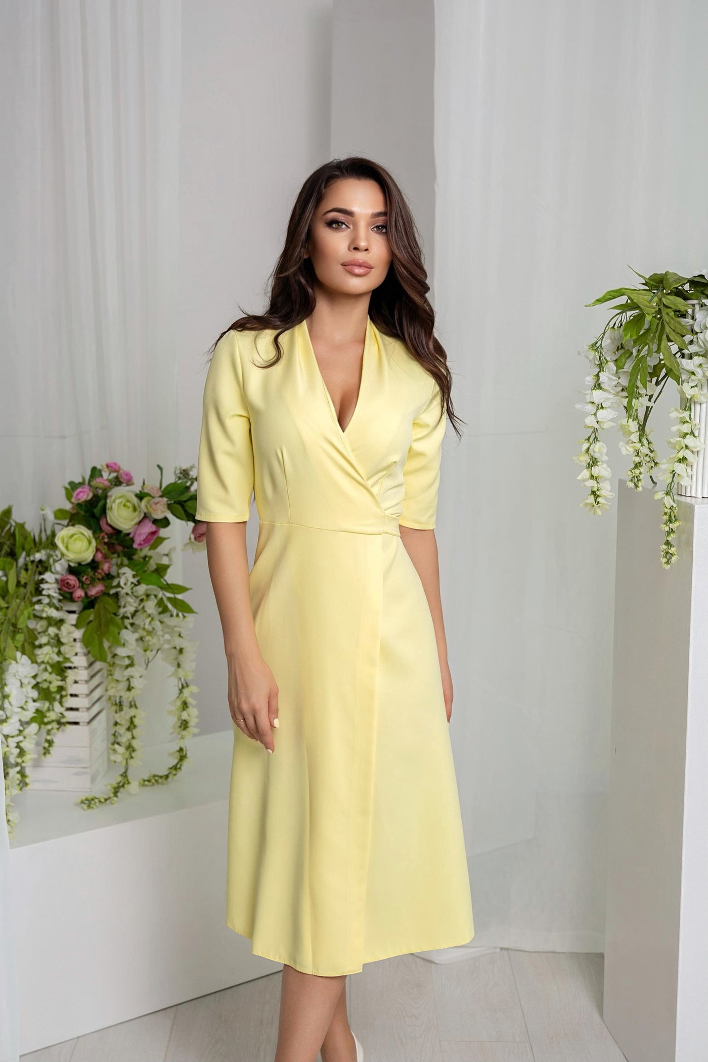 Yellow Wrap Short Sleeve Midi Dress (article 105)