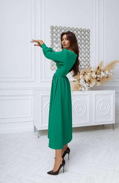 Green V-NECK BUTTONED PUFF-SLEEVE MIDI DRESS (ARTICLE C392)