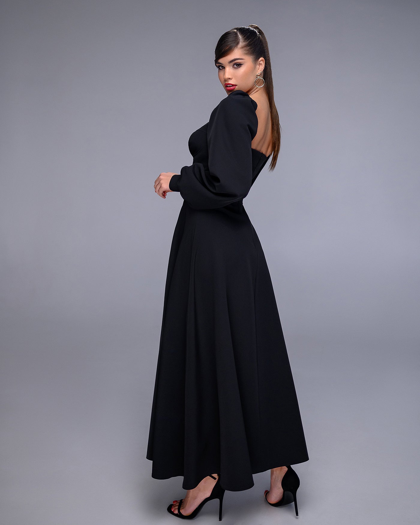 Black PUFF-SLEEVE MIDI DRESS (ARTICLE 401)