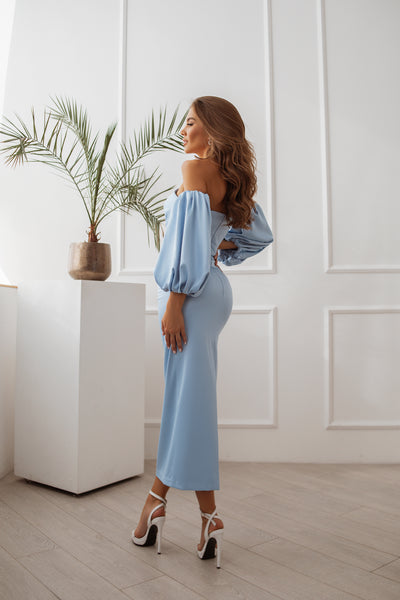 Sky-blue PUFFED SLEEVE MIDI DRESS (ARTICLE C292)