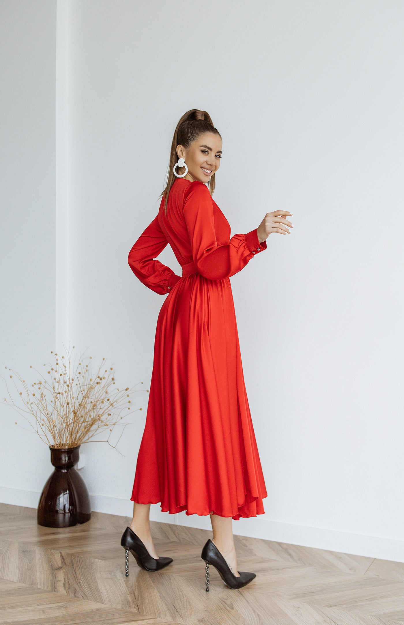 Red MIDI LONG SLEEVE DRESS (ARTICLE C393)