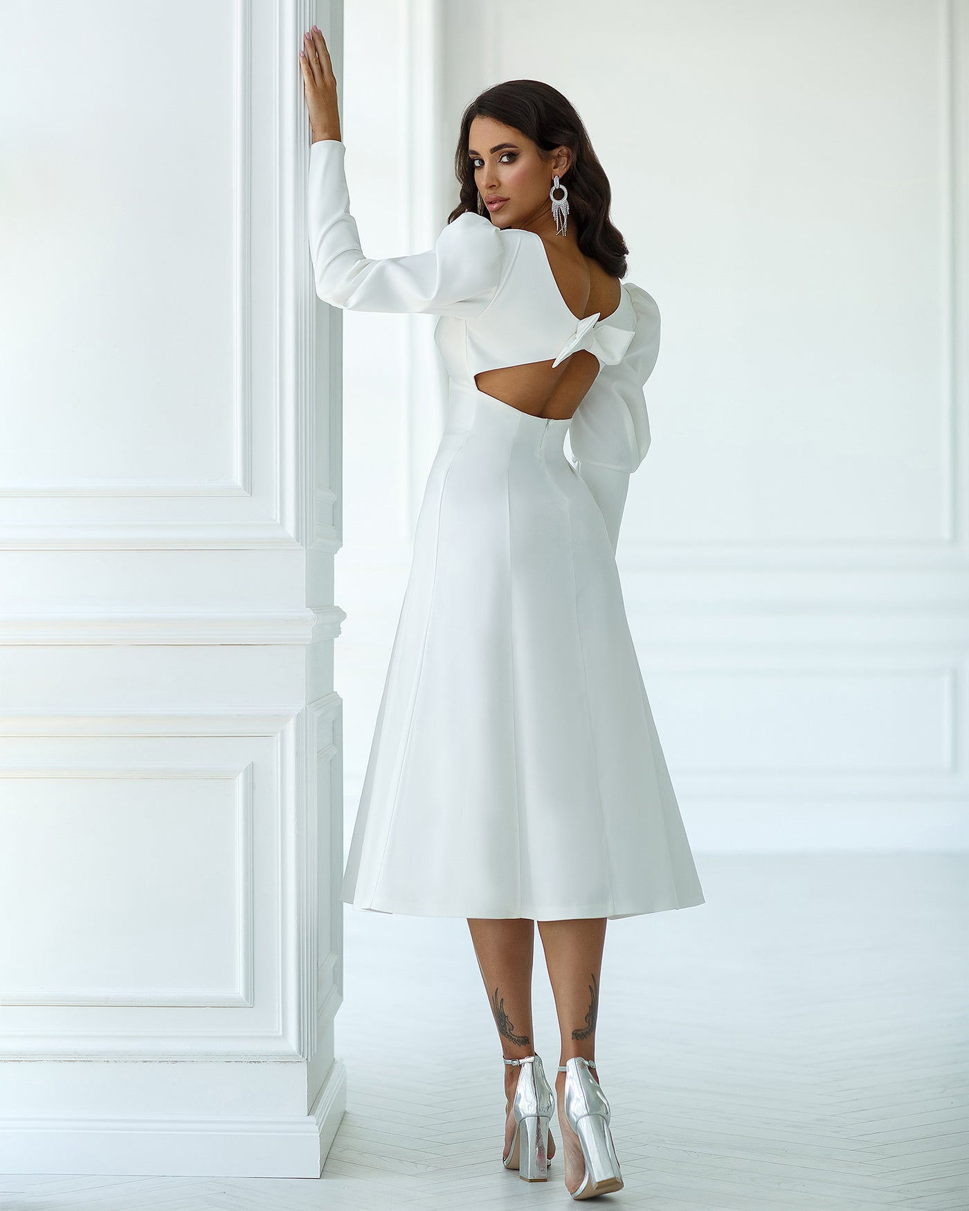 White SATIN BOW BACK MIDI DRESS (ARTICLE 340)