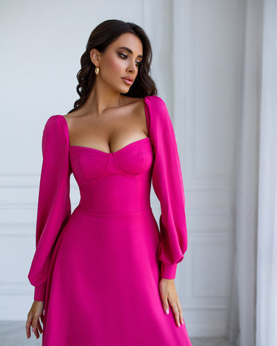 Crimson PUFF-SLEEVE MIDI DRESS (ARTICLE 401)