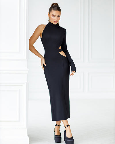 Black ONE-SHOULDER CUT-OUT MIDI DRESS (ARTICLE 367)