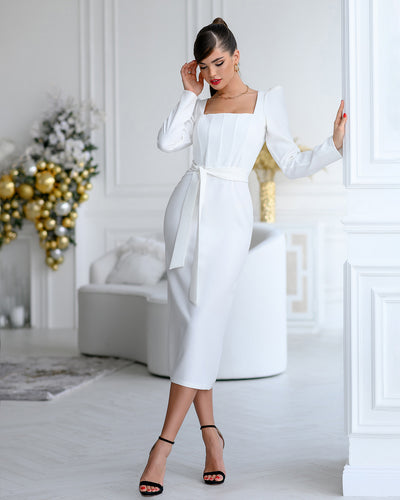 White SQUARE NECK PUFF-SLEEVE MIDI DRESS (ARTICLE 318)