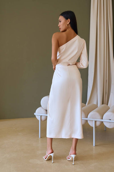 White Satin One-Shoulder Cut-Out Midi Dress (article 341)