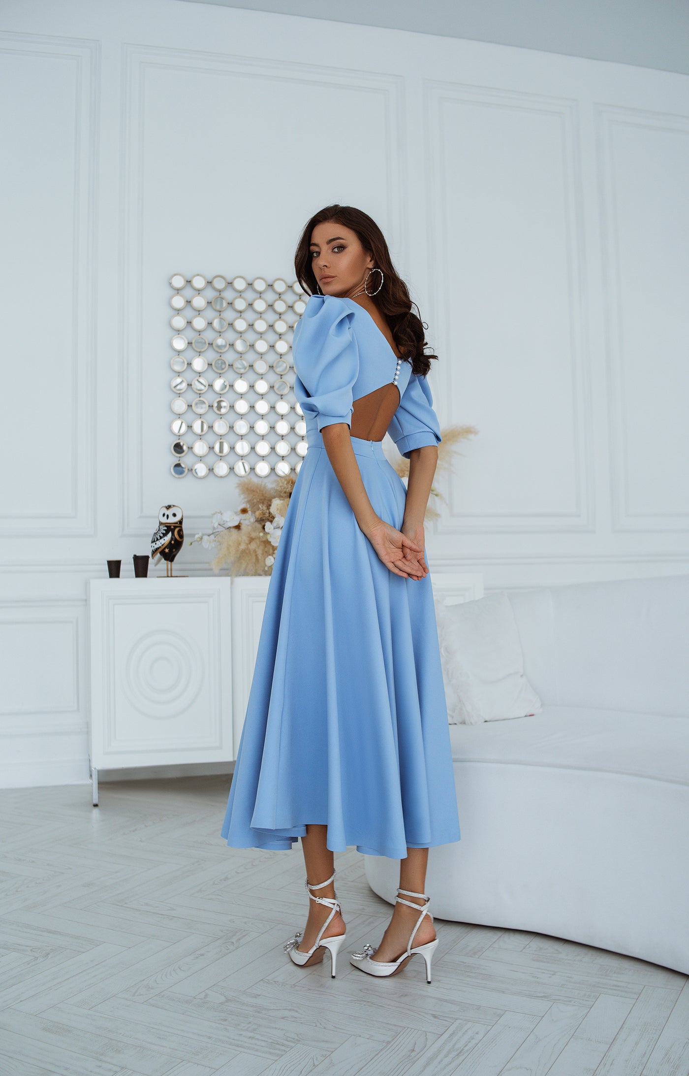 Sky-blue BACKLESS PUFF-SLEEVE MIDI DRESS (ARTICLE C383)