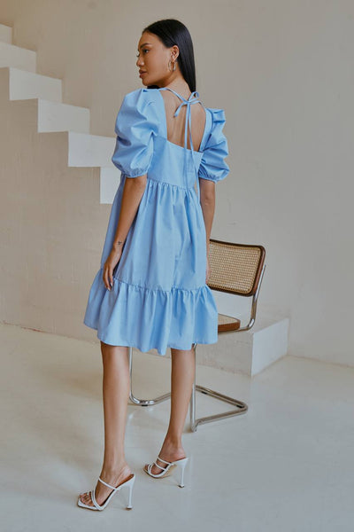 Sky-Blue Square Neck Puff-Sleeve Mini Dress (article 346)