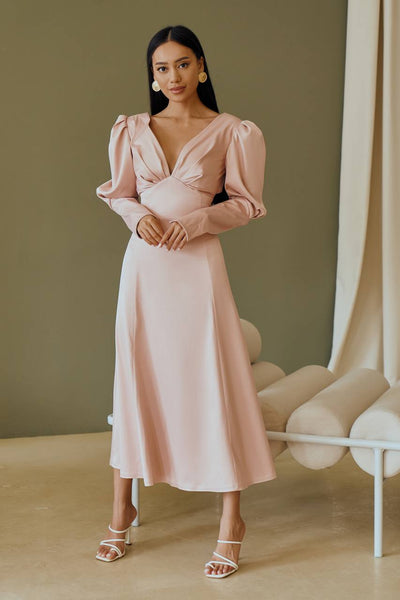 Dusty Pink Satin Bow Back Midi Dress (article 340)