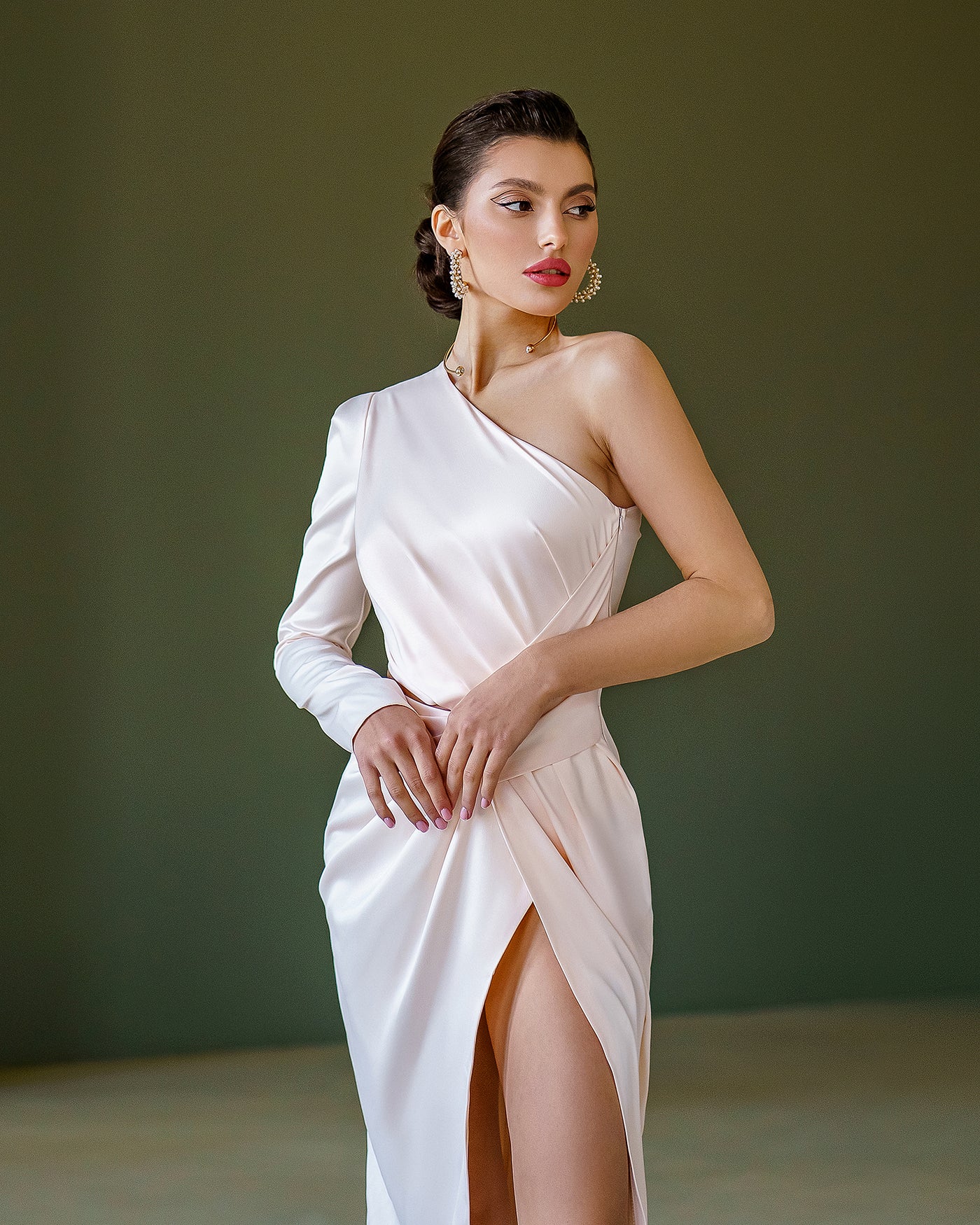 White Satin One-Shoulder Cut-Out Midi Dress (article 341)