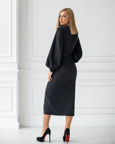 Black SQUARE NECK PUFF-SLEEVE MIDI DRESS (ARTICLE 353)