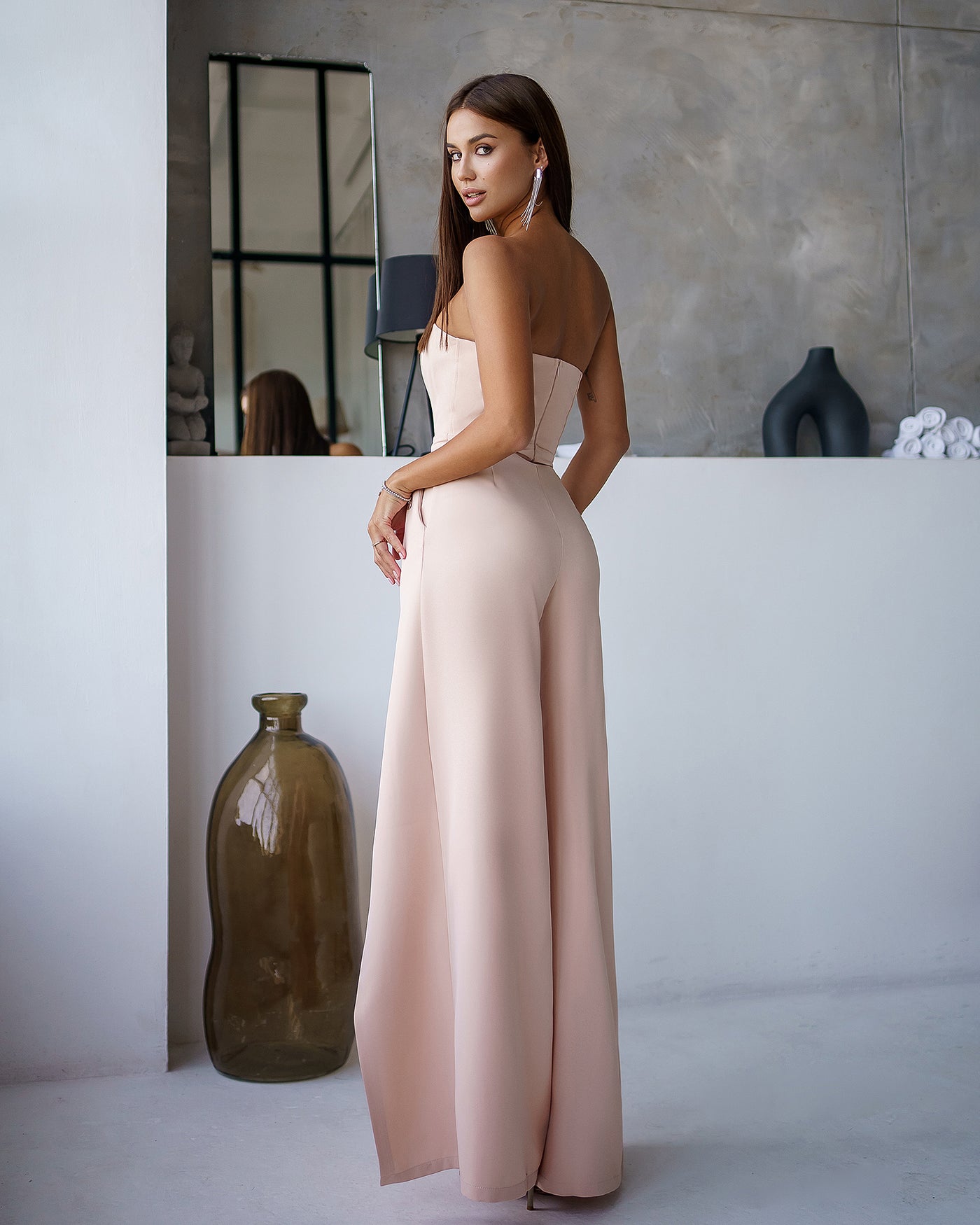 Beige STRAPLESS V-NECK JUMPSUIT (ARTICLE 323)