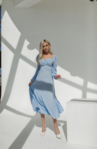 Sky-blue PUFF SLEEVE MIDI DRESS (ARTICLE C329)