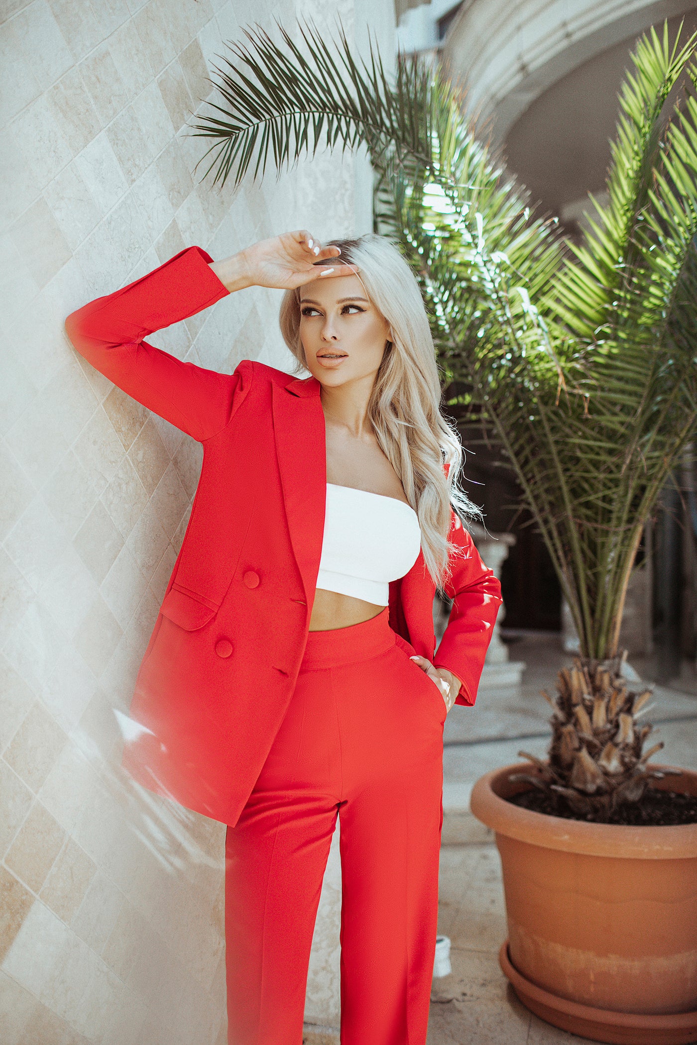 Red BELTED DOUBLE BREASTED SUIT 2-PIECE (ARTICLE C273)