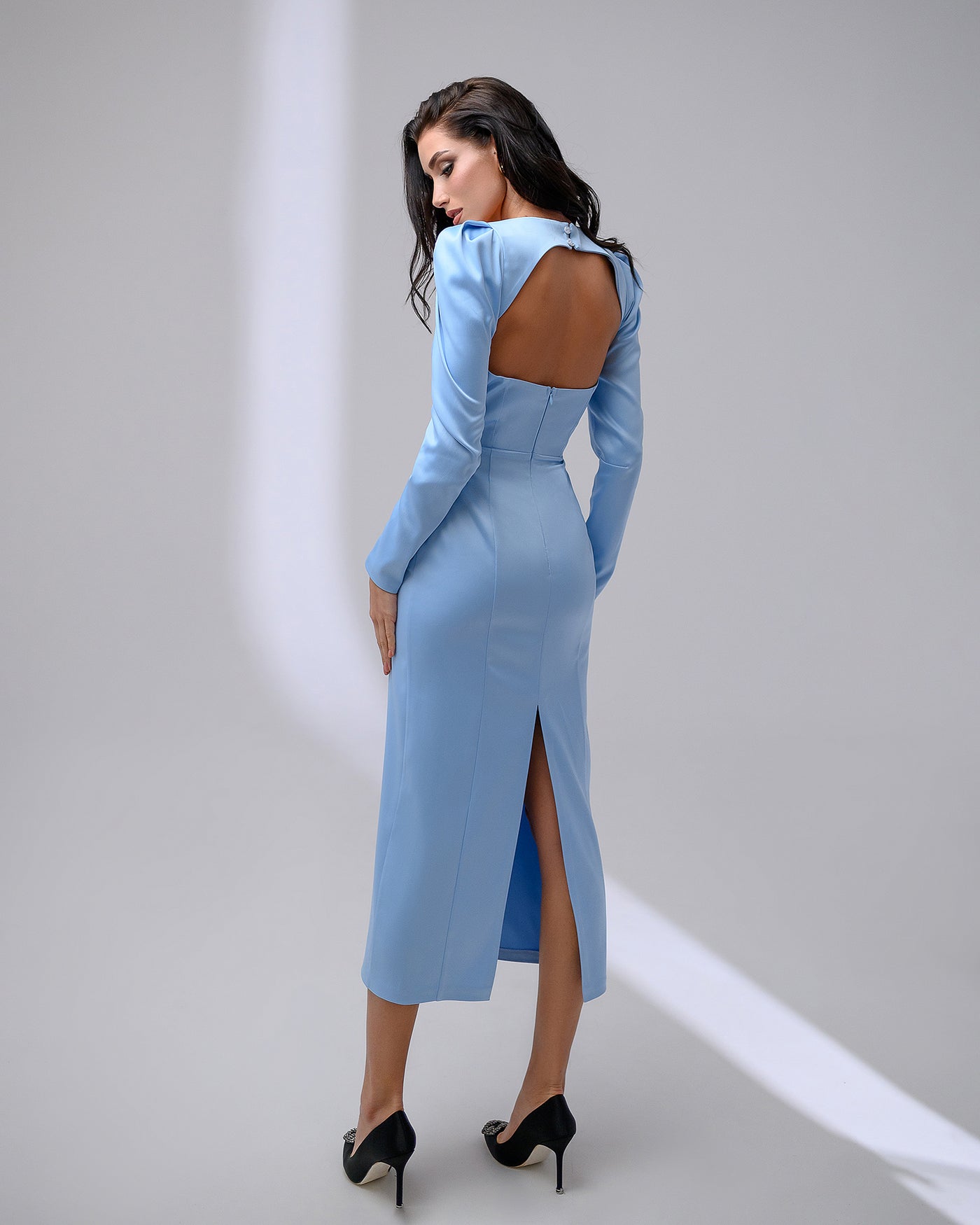 Sky-blue SQUARE NECK BACKLESS MIDI DRESS (ARTICLE 324)