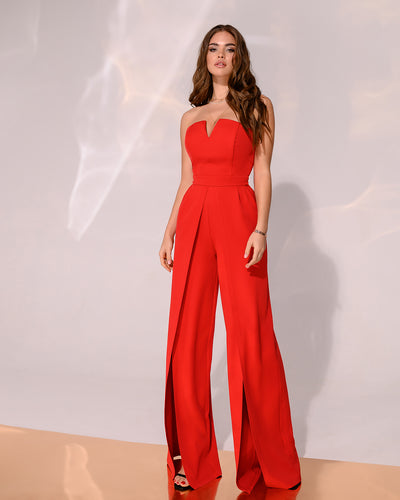 Red Strapless V-Neck Jumpsuit (article 323)