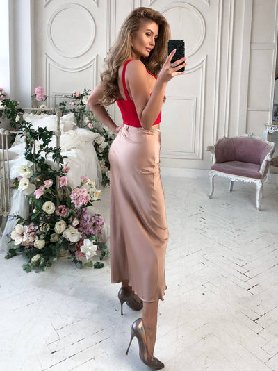 Beige Silk High Waist Maxi Skirt