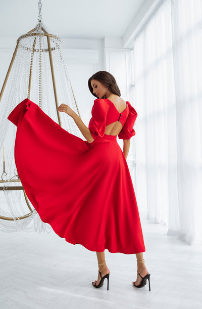 Red BACKLESS PUFF-SLEEVE MIDI DRESS (ARTICLE C383)