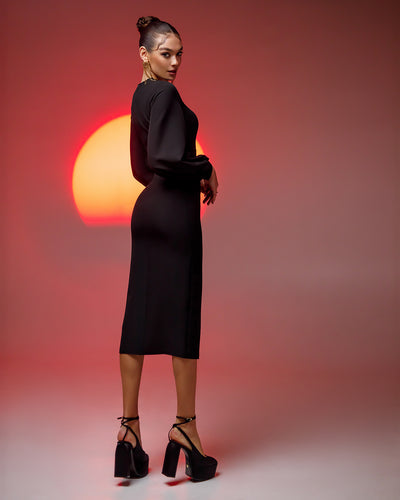 Black SQUARE NECK PUFF-SLEEVE MIDI DRESS (ARTICLE 353)