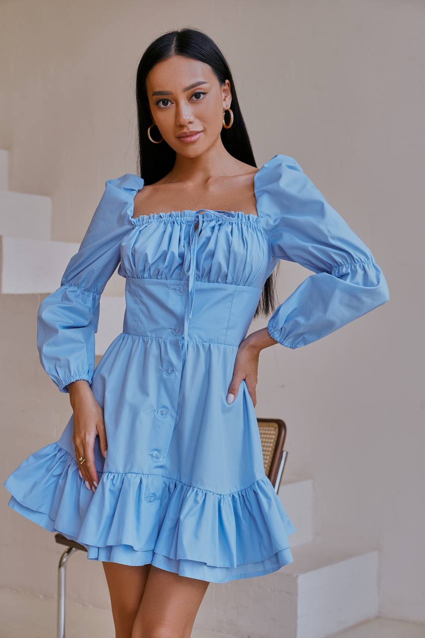 Sky blue BUTTONED PUFF-SLEEVE MINI DRESS (ARTICLE 339)