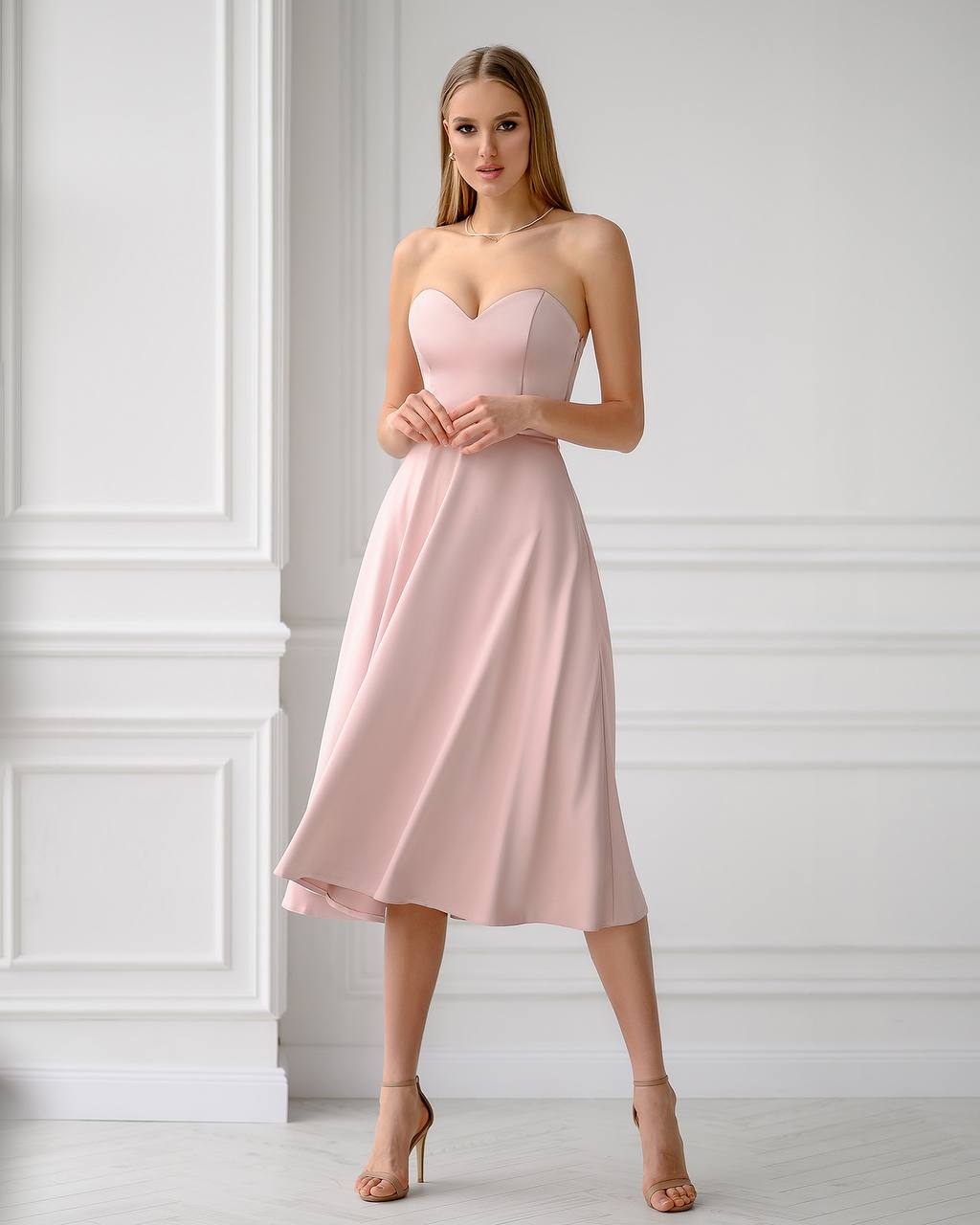 Dusty Pink Satin Corseted Strapless Dress (article 047)