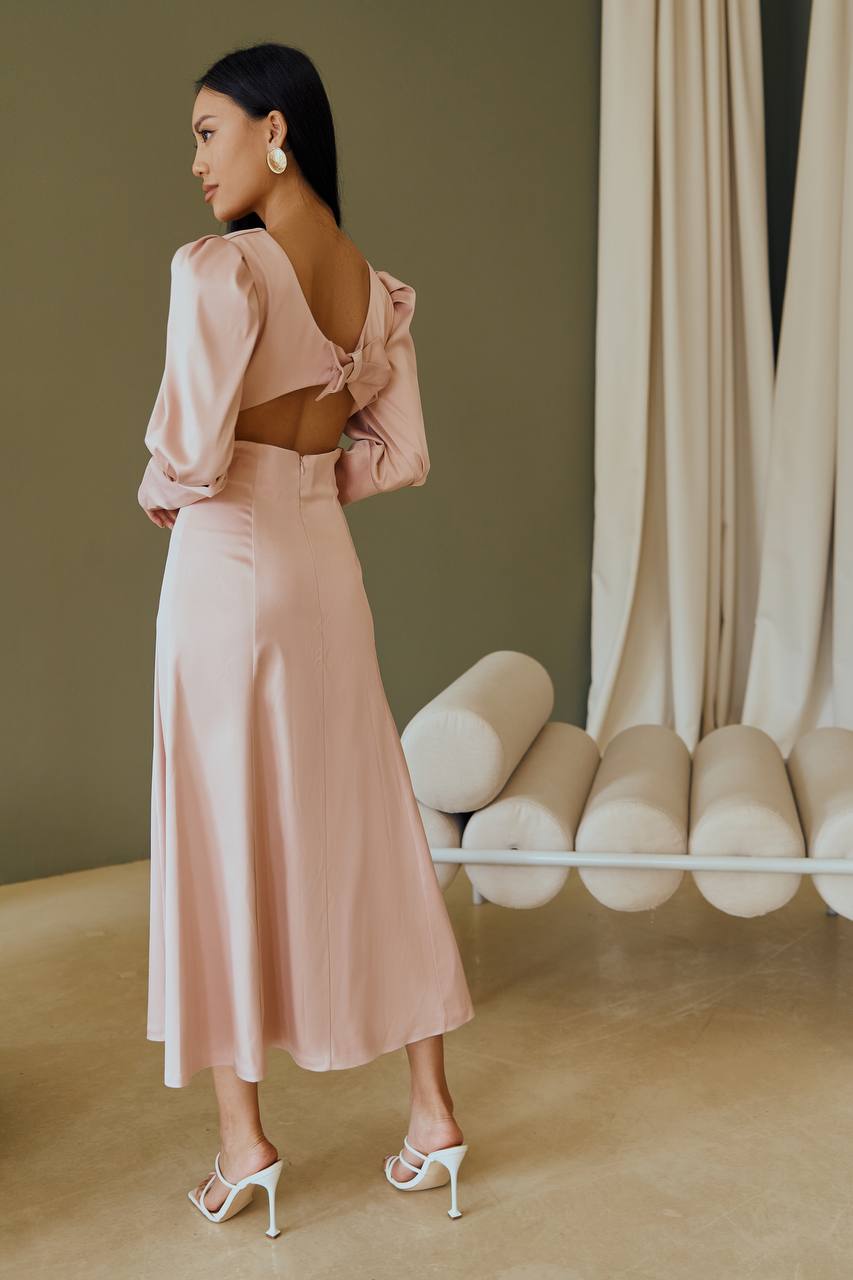 Dusty Pink Satin Bow Back Midi Dress (article 340)