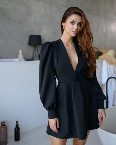 Black Puff-Sleeve V-Neck Mini Dress (article 313)