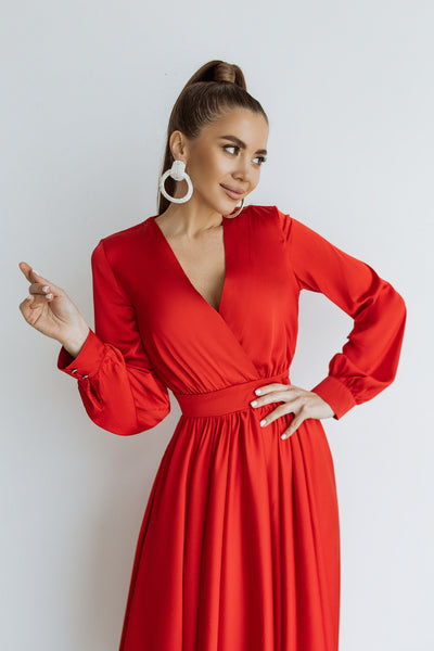 Red MIDI LONG SLEEVE DRESS (ARTICLE C393)