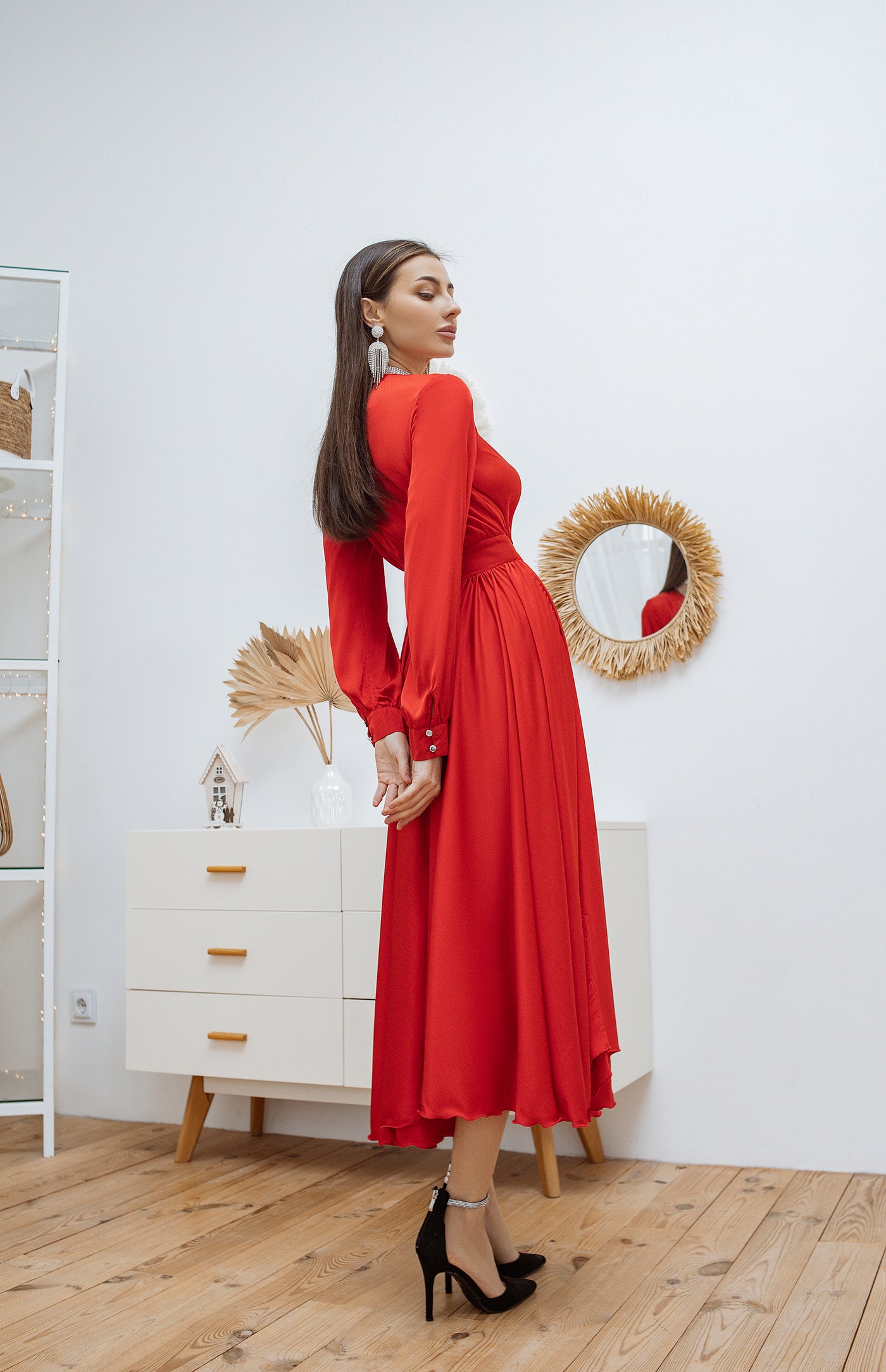 Red MIDI LONG SLEEVE DRESS (ARTICLE C393)