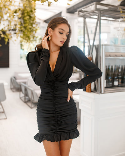 Black SILK LONG SLEEVE RUCHED MINI DRESS (ARTICLE 322)