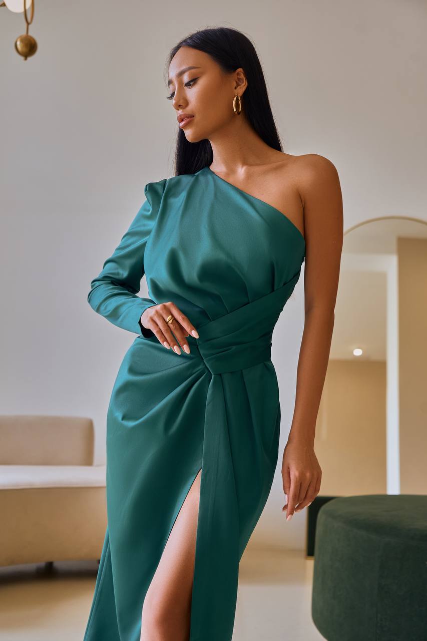 Emerald SATIN ONE-SHOULDER CUT-OUT MIDI DRESS (ARTICLE 341)