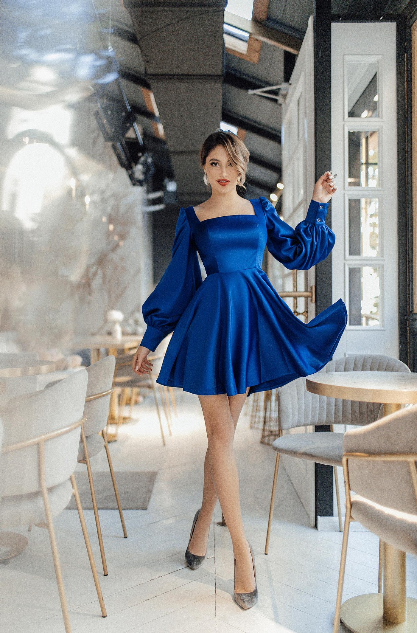 Blue SATIN LONG SLEEVE MINI DRESS (ARTICLE 310)