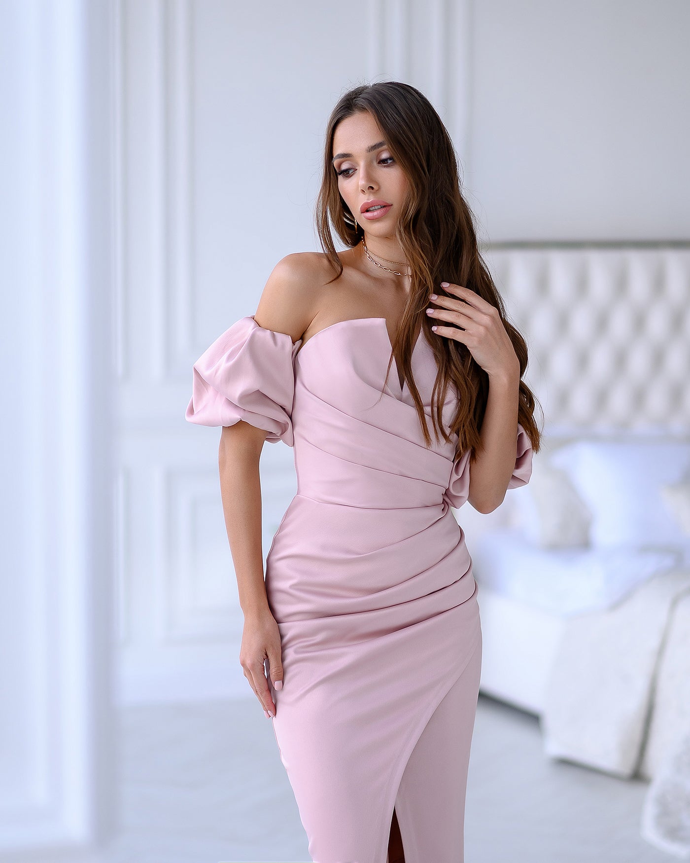 Dusty Pink Puff-Sleeve Midi Dress (article 289)