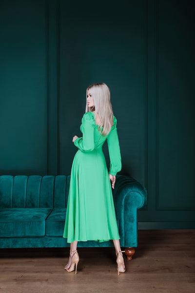 Green PUFF SLEEVE MIDI DRESS (ARTICLE C329)