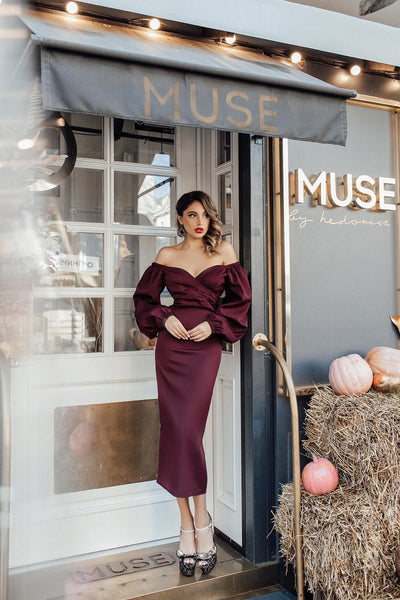 Bordeaux Puff-Sleeve Midi Dress (article 256)