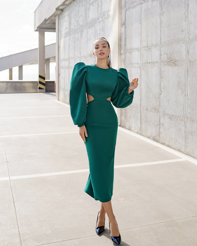 Green BACKLESS CUT-OUT PUFF-SLEEVE MIDI DRESS (ARTICLE 350)