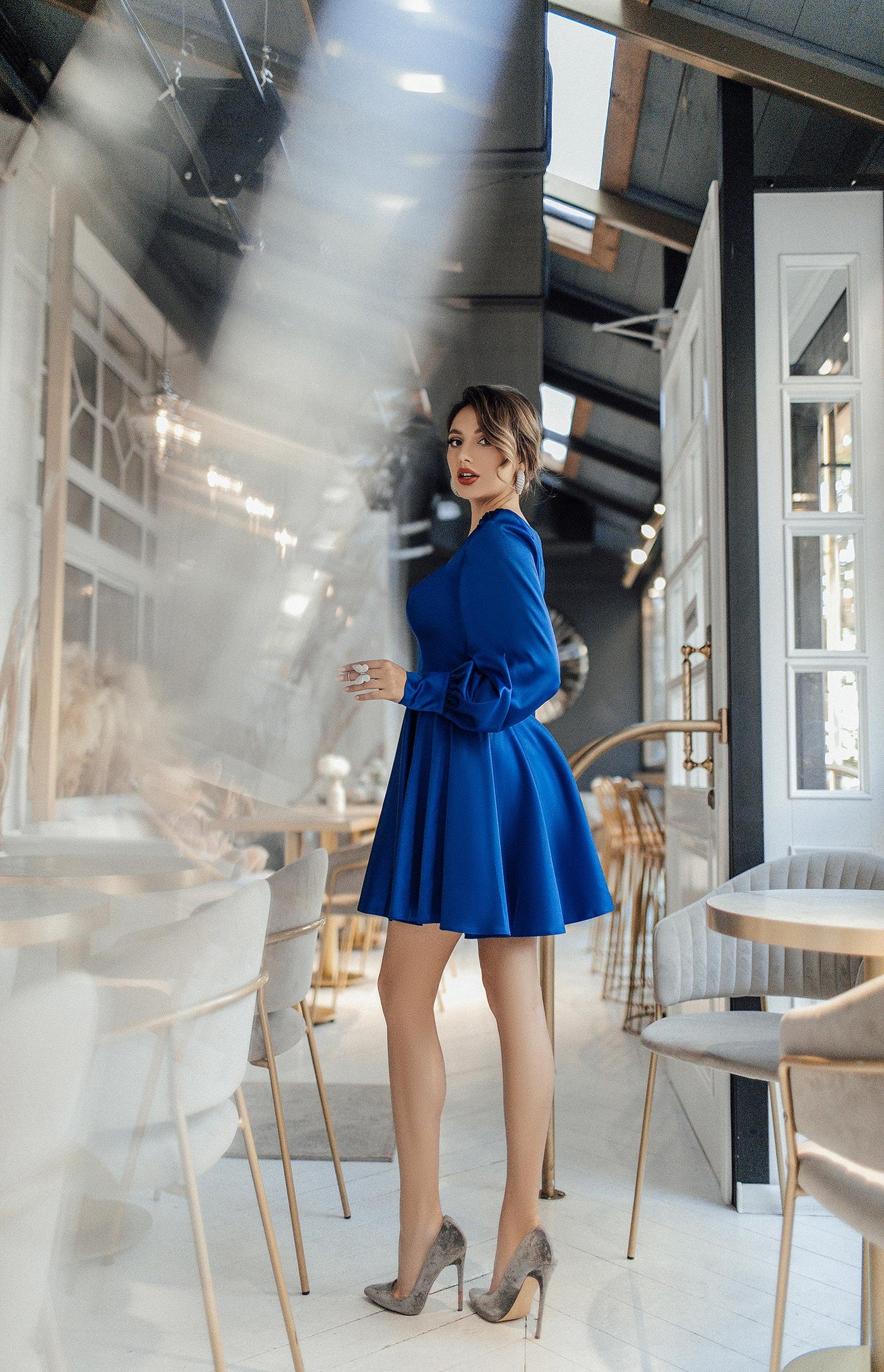 Blue SATIN LONG SLEEVE MINI DRESS (ARTICLE 310)