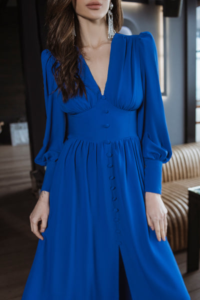 Blue V-NECK BUTTONED PUFF-SLEEVE MIDI DRESS (ARTICLE C392)