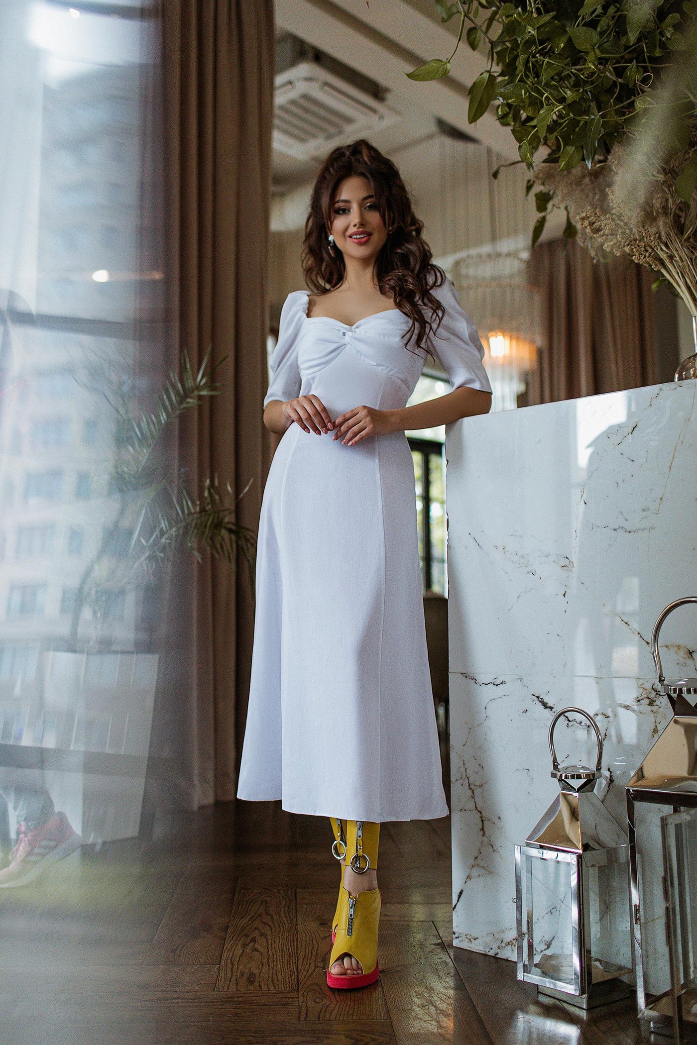 White LINEN SHORT SLEEVE MIDI DRESS (ARTICLE 297)