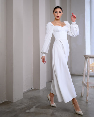 White PUFF-SLEEVE MIDI DRESS (ARTICLE 401)