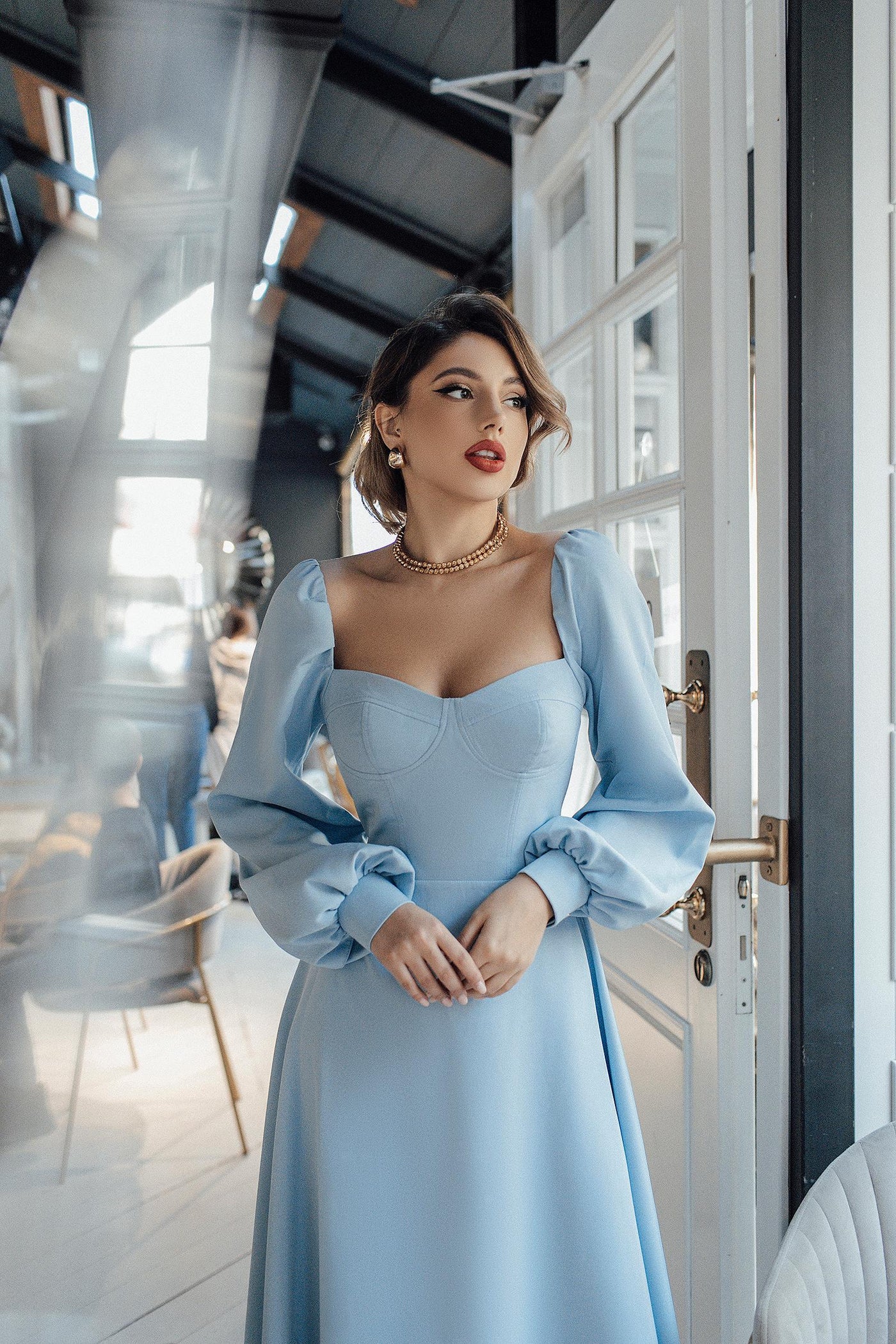 Sky blue Puff-Sleeve Midi Dress (Article 401)