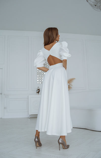 White BACKLESS PUFF-SLEEVE MIDI DRESS (ARTICLE C383)